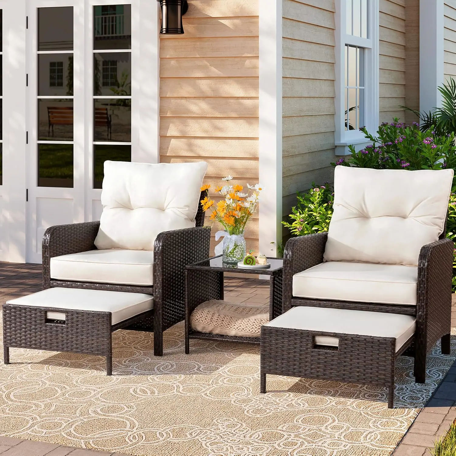 Vongrasig 5 Stück Korb Terrassen möbel Set, Allwetter Pe Wicker Rattan Outdoor Stuhl und Ottomane Set,