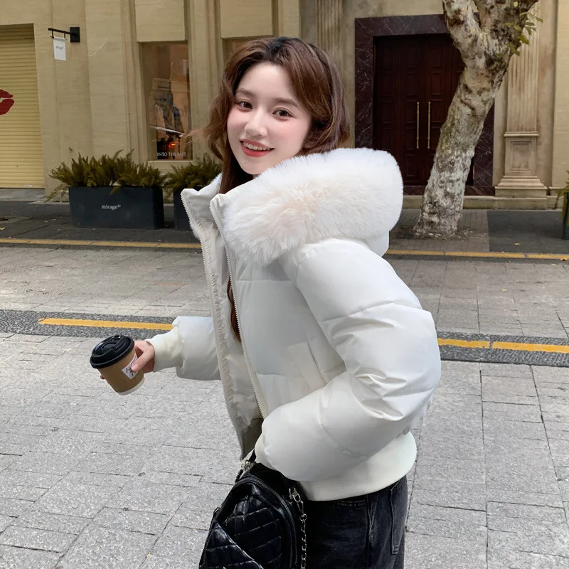 Winter Women Cropped Fur Collar Jacket Women Y2K Korean Streetwear Short Down Cotton Parkas Trendy All Match Cotton Coat Woman