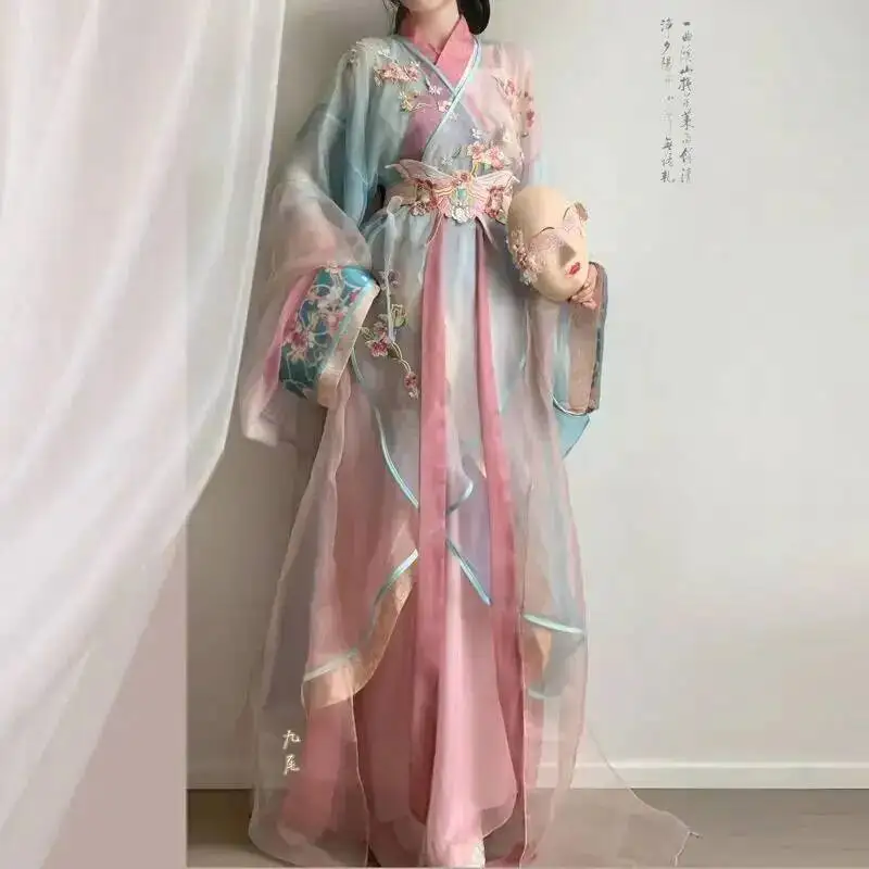 New Hanfu Dress Suit Improved Embroidered And Print Blended Hanfu Daily Short Style Tailored Palace Style Girl\'s Pink Han Set