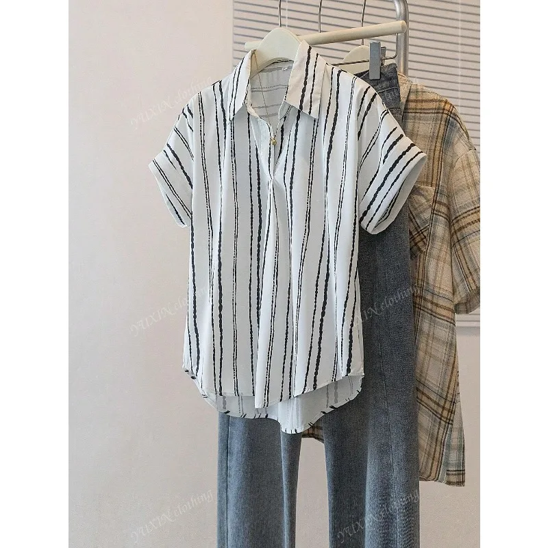

Женская модная свободная полосатая блузка с лацканами, рубашка с коротким рукавом, женская модная блузка, элегантная рубашка на пуговицах, топы