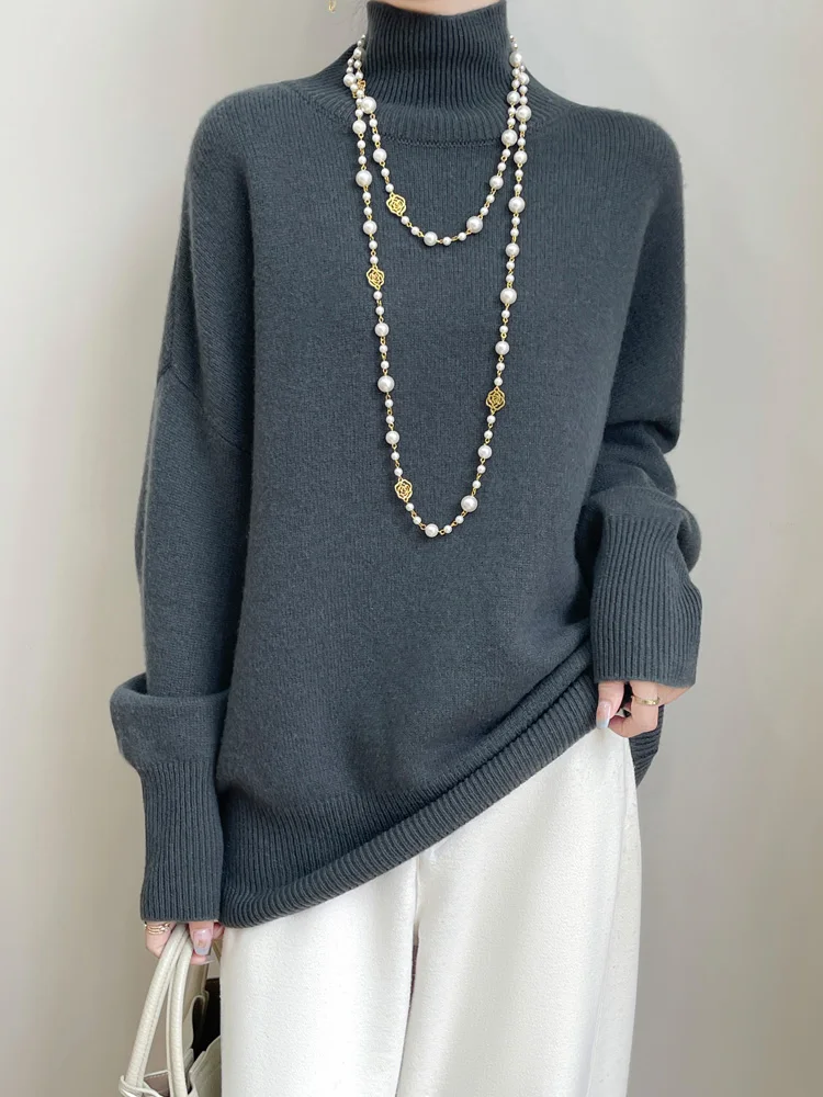 

Spring Autumn Turtleneck Solid Color High Quality Pullover 100% Merino Wool Knit Women's Sweater Simple Style Soft Tops