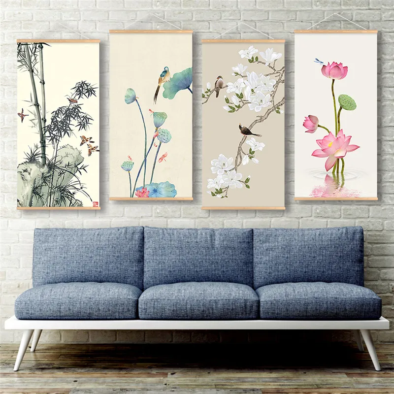 Vintage Chinese Lotus Flower Art Scroll Canvas Poster With Frame Landscape Wall Picture Scroll Painting for Bedroom Office Decor