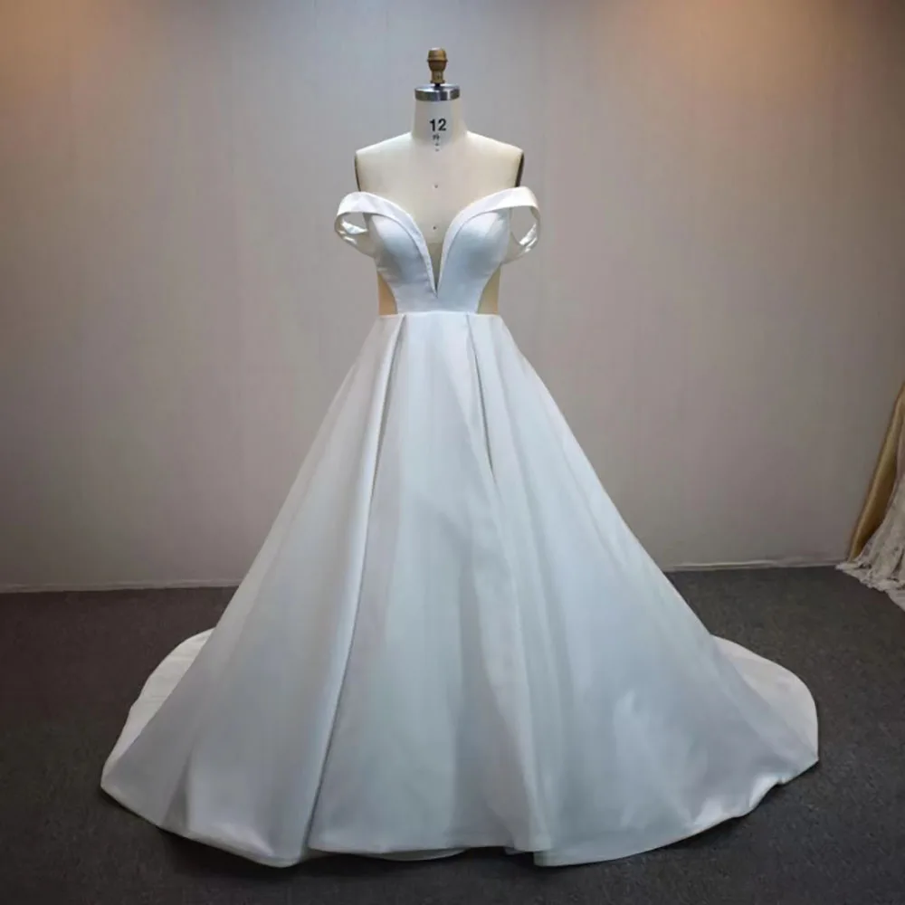 Sexy Satin A Line Bridal Gown For Women Cap Sleeve Deep V Floor Length Wedding Dress Customized Princess Dresses