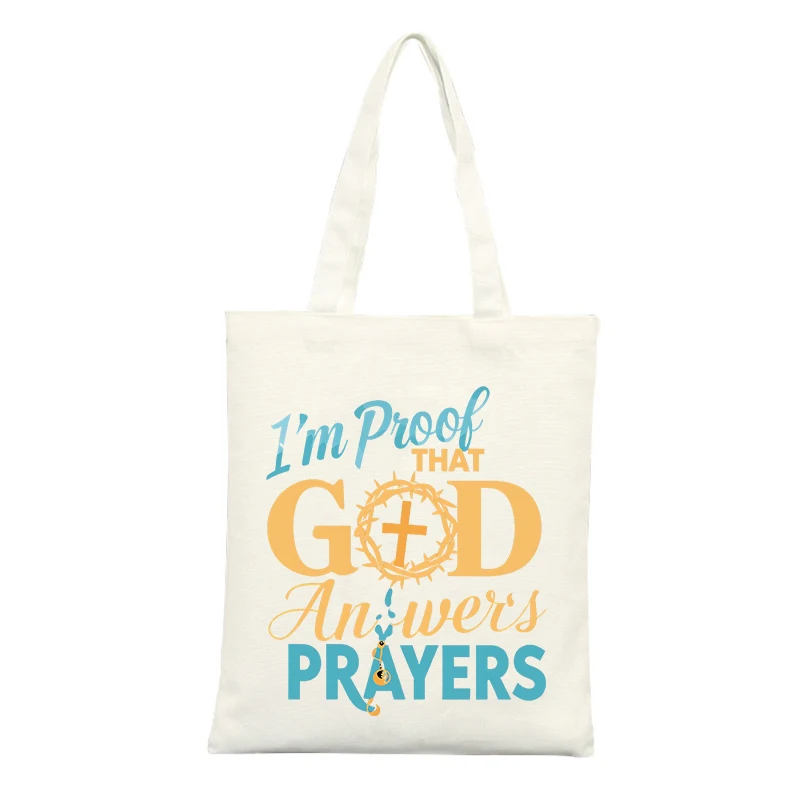 Religious Slogan Canvas Tote Bag with Cross and Crown Graphic, Ideal for Casual Daily Use and Church Outings