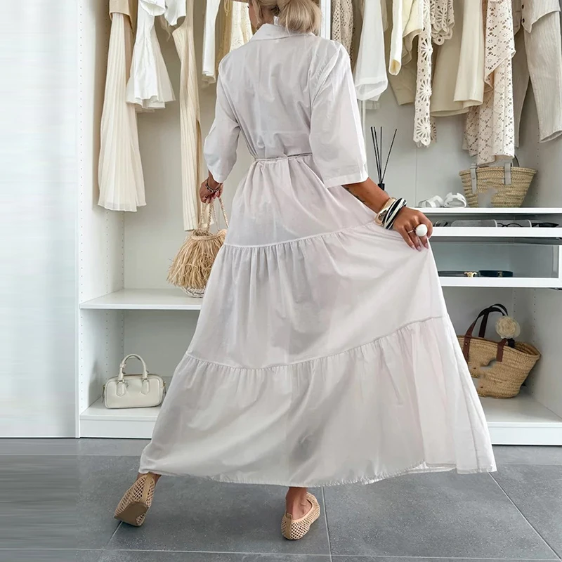 العصرية بسيطة بلون مساء اللباس سيدة الصيف جديد واحدة الصدر التعادل يصل فستان محكم من عند الصدر ويتدلى بشكل واسع الترفيه نصف كم التلبيب قميص اللباس