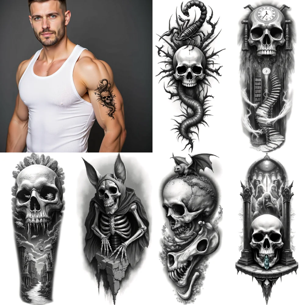 

3pcs Temporary Tattoo Lizard Skull Realistic Temporary Tattoos Stormy Skull Candlelit Skull Black And Grey Realism For