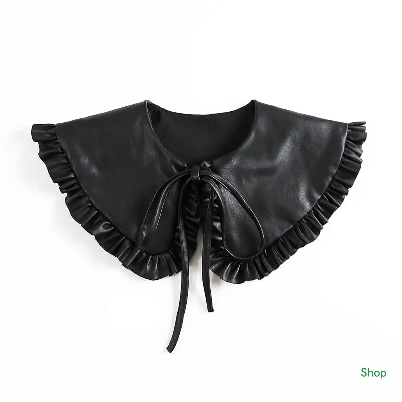 

Dropship Women Faux Leather Black False Collar Shawl Korean Vintage for Doll Ruffled Necklace Shoulder Wrap Decorative