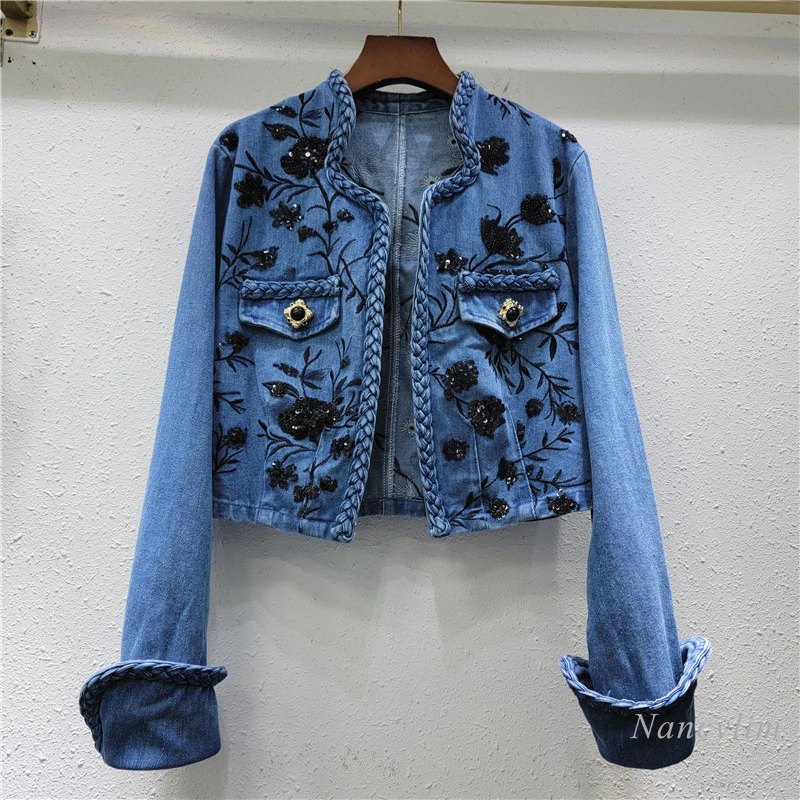 

Blue Machine Embroidery Sequined Denim Coat for Women 2024 Spring New Ins Style Niche Washed Blue Jean Jacket Casacos Femininos