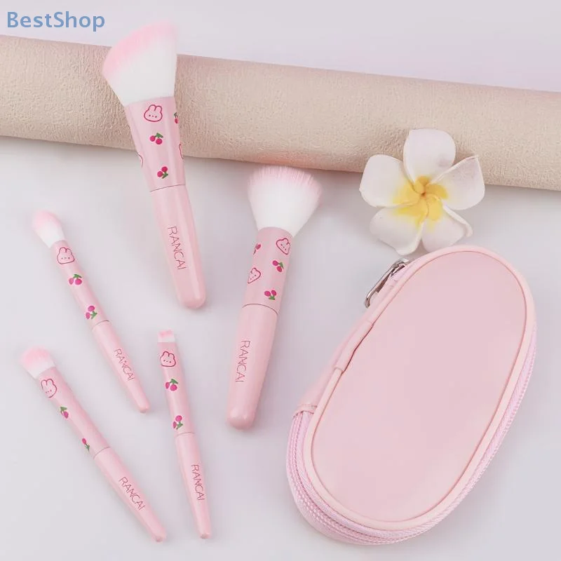 (●'◡'●)%(●'◡'●)5-piece Mini Pink Makeup Brush Set With Makeup Bag,Suitable For Flawless Foundation, Blush, Eyeshadow