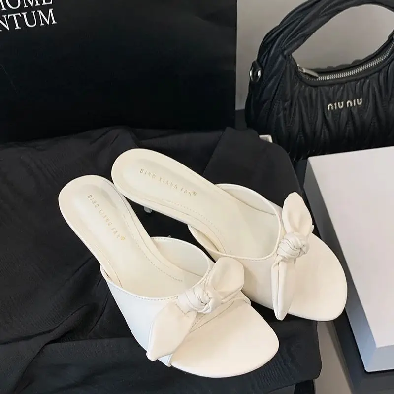 Bailamos Summer Fashion Butterfly-knot Women Slipper Slip On Ladies Sandal Thin High Heel Outdoor Dress Slides Shoes Flip Flop