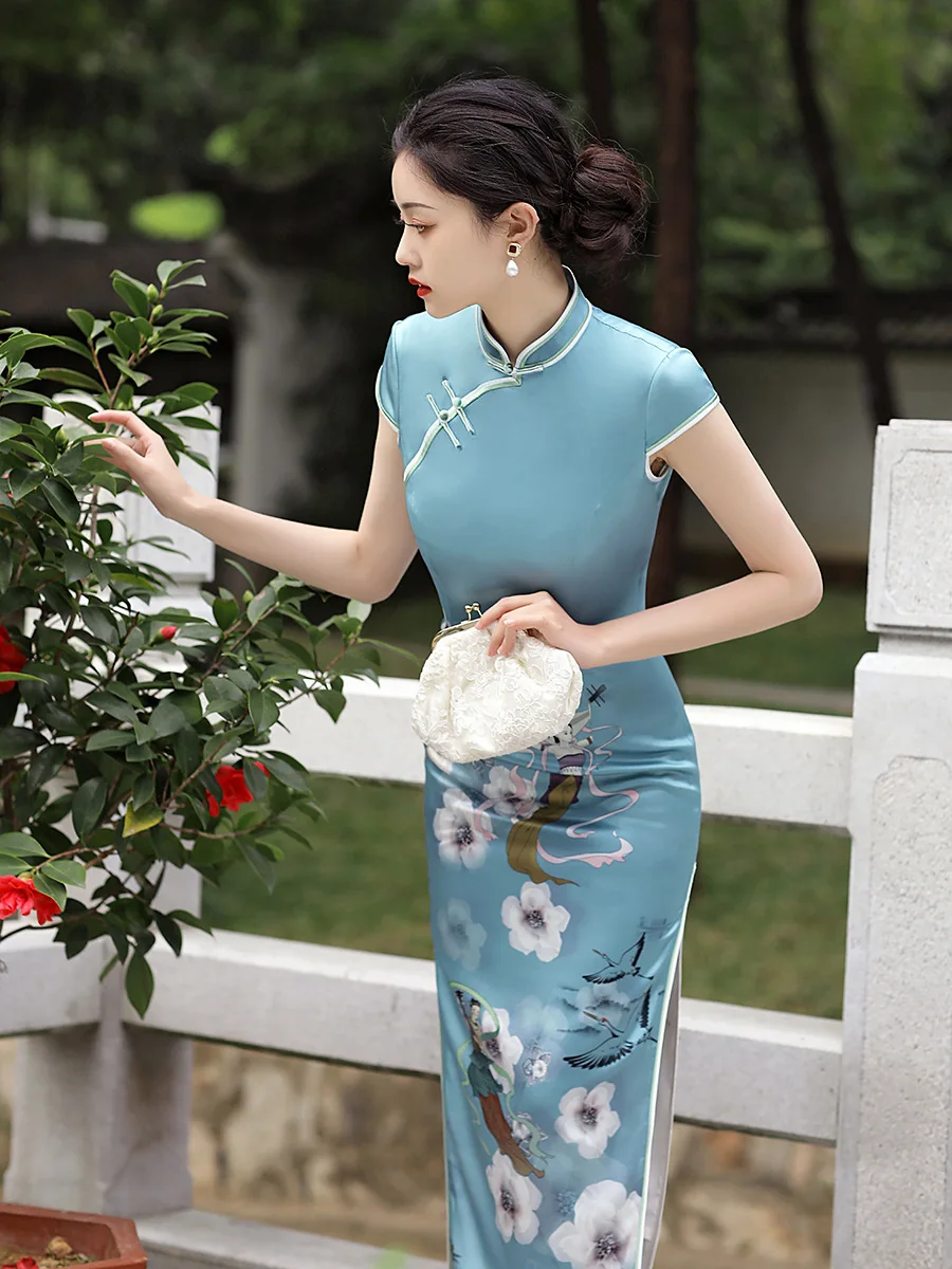 

High Quality Real Silk Qipao Cheongsam Top Skirt Wear Sexy Dress Women Vintage Slim High-End Printing