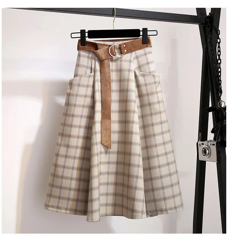 Plaid Vantage Hohe Taille A-linie Lose Mit Gürtel Tasche frauen Rock Koreanische Mode Mid-Kalb Lange Röcke Für frauen 2024 Frühling – Detail 4