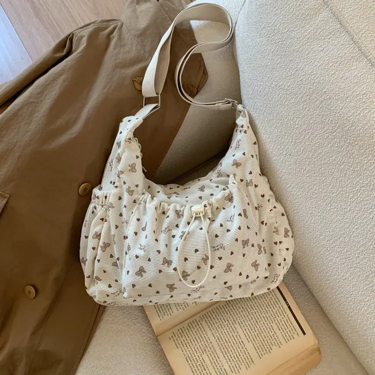 

High Quality Corduroy Women Bag Simple Cloth Shoulder Bag Large Capacity Crossbody Bag Cute Bow Print Messenger Soft Purse