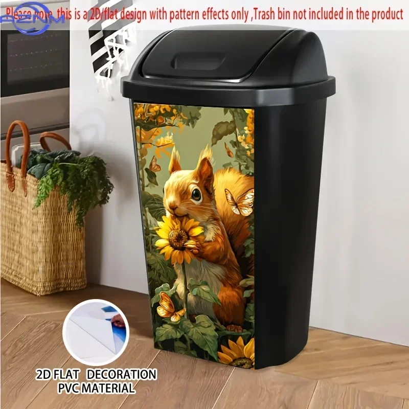 2D 1PCSquirrel & Sunflower Self-Adhesive Dustbin Sticker - Vibrant Nature Design, Durable PVC Trash Can Decal, .01x81.99 cm, W