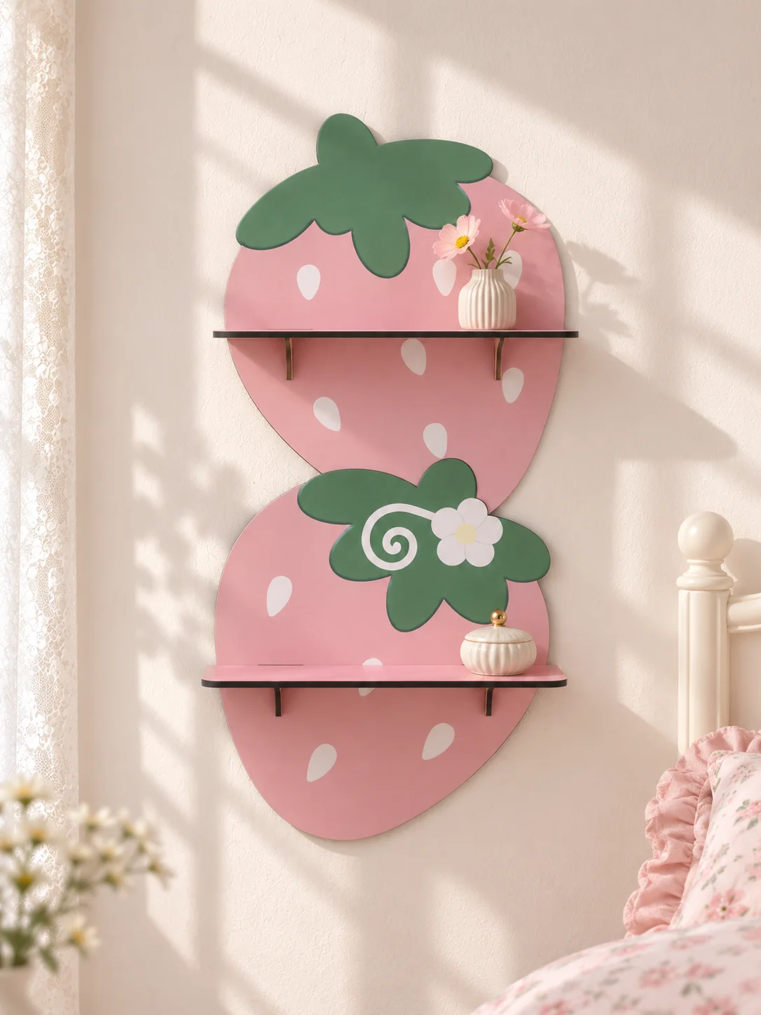 Cute 2-Tier Strawberry Shape Wall Mount Floating Shelf Pink Fruit Display Rack Wall Storage Organizer for Bedroom Nursery Decor
