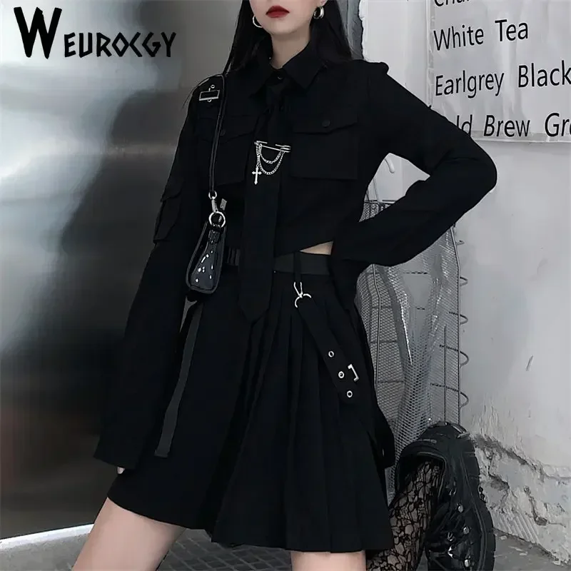 Gothic Cargo Shirt Suit Egirl Punk Chain Ribbon Skirts Goth Dress sets Autumn Streetwear Harajuku Black Grunge Aesthetic Clothes