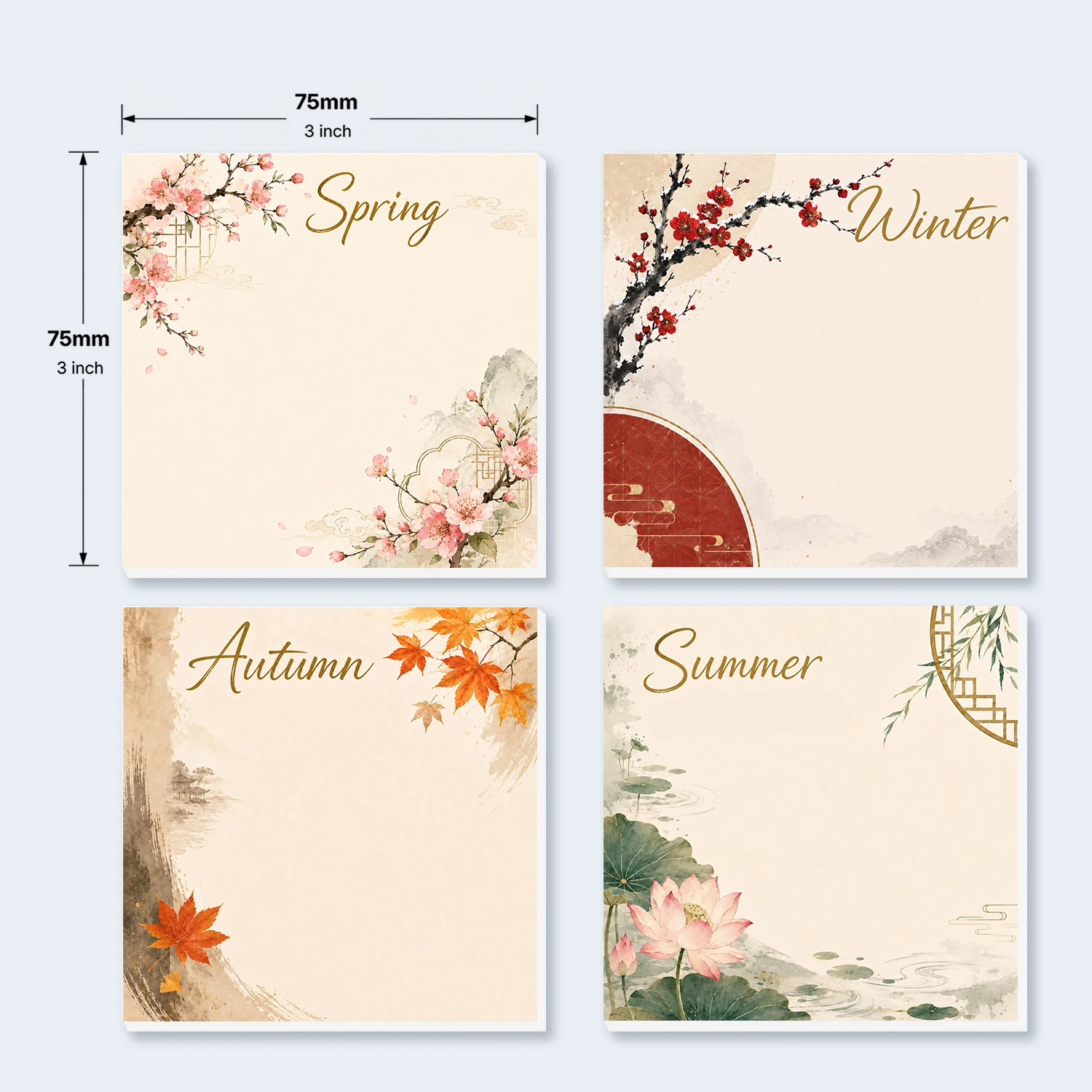 4PCS Four Seasons Self Adhesive Sticky Notes 200 Sheets Spring Blossom Summer Lotus Autumn Maple Winter Plum Floral Memo Pads Of