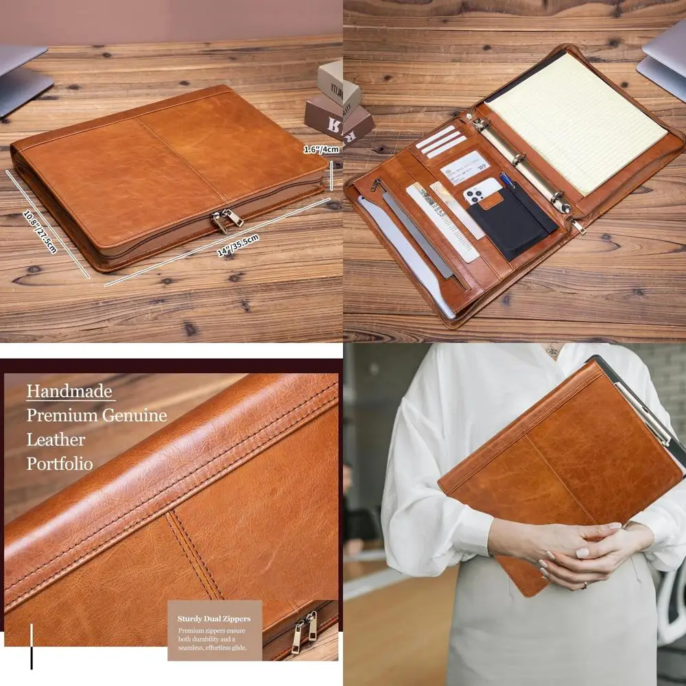 

Brown Genuine Leather Portfolio with 3-Ring Binder, A4 Notebook Holder, Laptop Sleeve, Professional Organizer for Men & Women