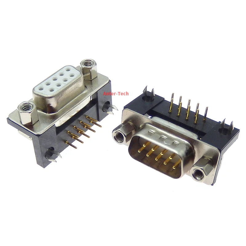 1PCS 3U Gold Plated Solid Pin  DB9 female/male PCB mounting, D-Sub 9 pin PCB connector, RS232 connector 90 degree bending pin DR