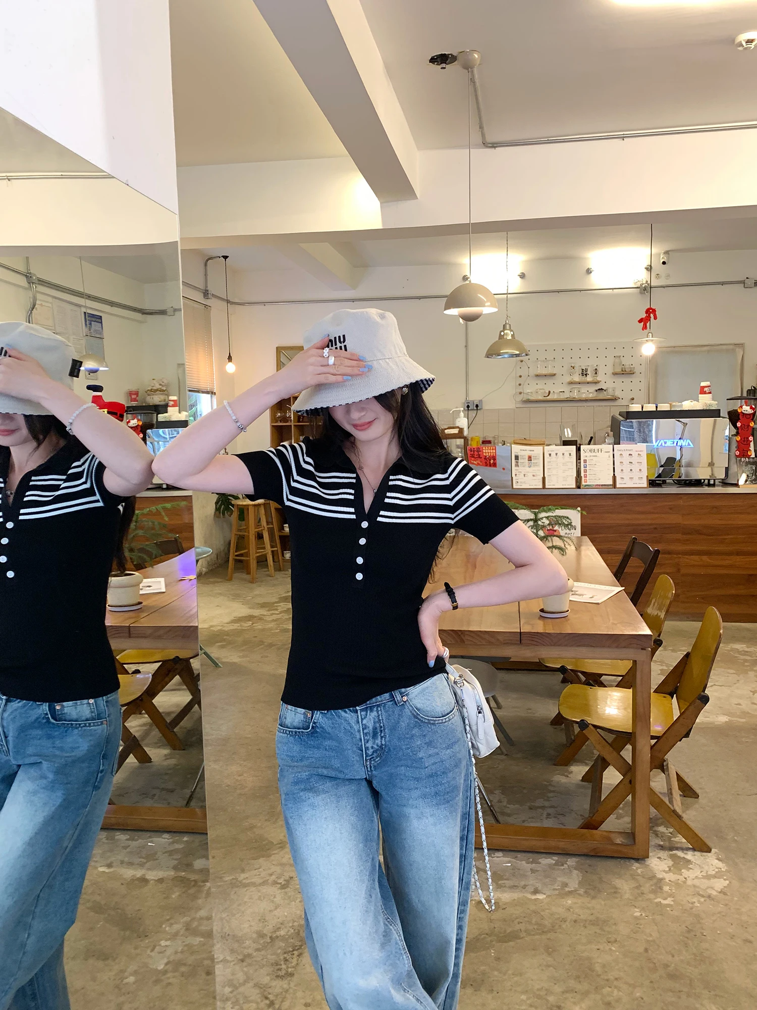 Women's Short Sleeve  Shirt Striped Patchwork Knitted Top Shoulder Width Regular Fit Korean Style Commute Fashion