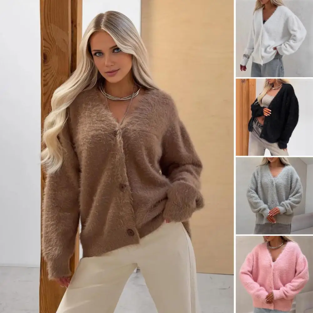 

Women Sweater Coat V-Neck Long Sleeve Buttons Placket Knitting Coat Pure Color Elastic Fabric Loose Fit Casual Sweater