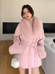 Winter Women's Real Fox Fur Coat Wool Cloak Cashmere Warm Jacket Collar Luxury Thick Female Coat