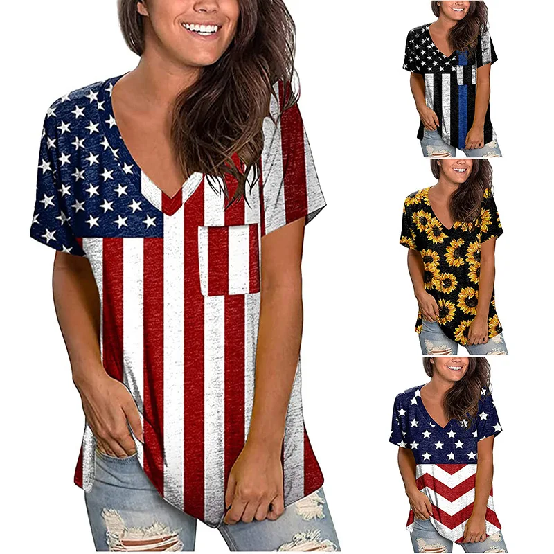 2024 Europe and the United States spring summer Independence Day new women\'s top flag print V-neck short-sleeved loose T-shirt w