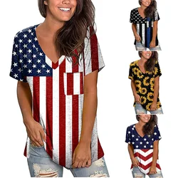 2024 Europe and the United States spring summer Independence Day new women's top flag print V-neck short-sleeved loose T-shirt w