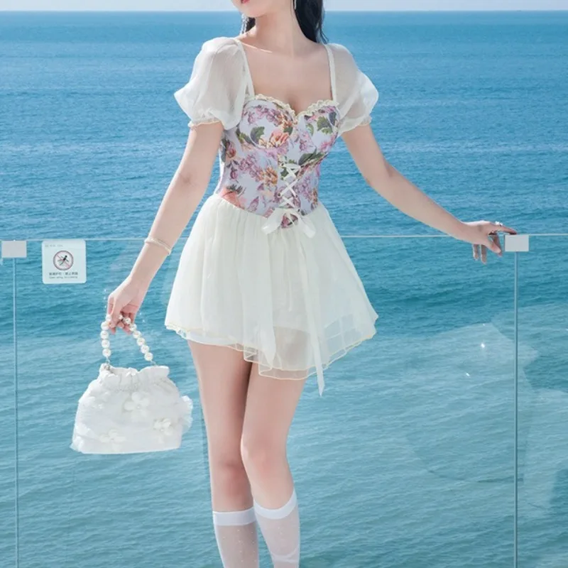 New Korean Conservative Slimming Bikinis Women's One Pieces Swimsuit High Waist  Swimwear Girls Sweet Bathing Suit Beachwear