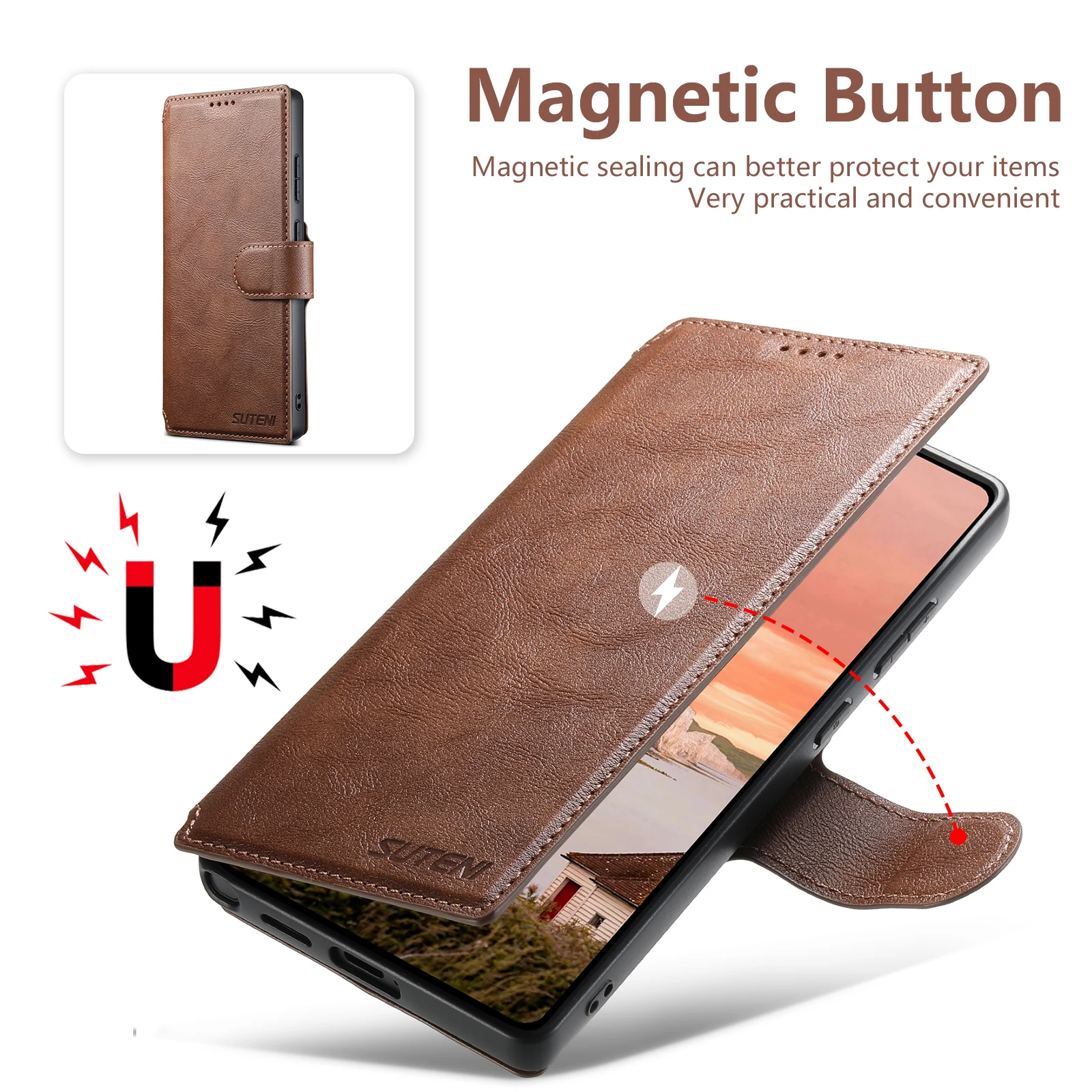 SUTENI PU Leder Drahtlose Lade Karte Halter Stehen Brieftasche Magnetische Flip-Cover Telefon Fall Für Samsung Galaxy S25 Ultra S24 S23 – Detail 13