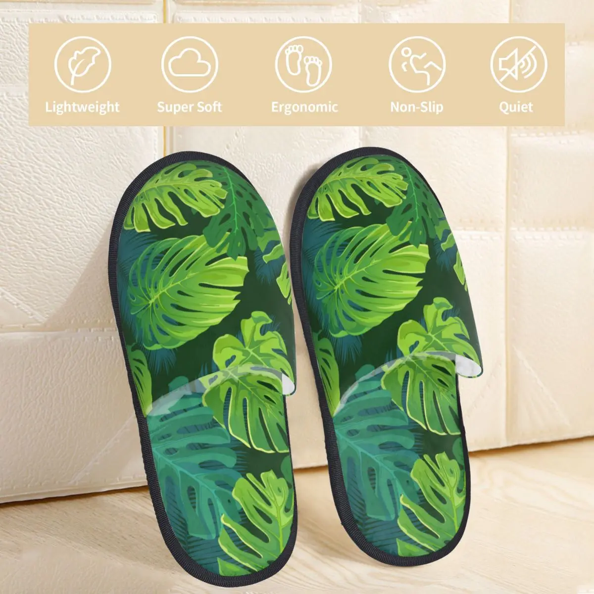 Winter Women Men Non-Slip Flat Slippers Tropical Palm Monstera Leaves Jungle Leaf Indoor Fur Soft Warm Shoes