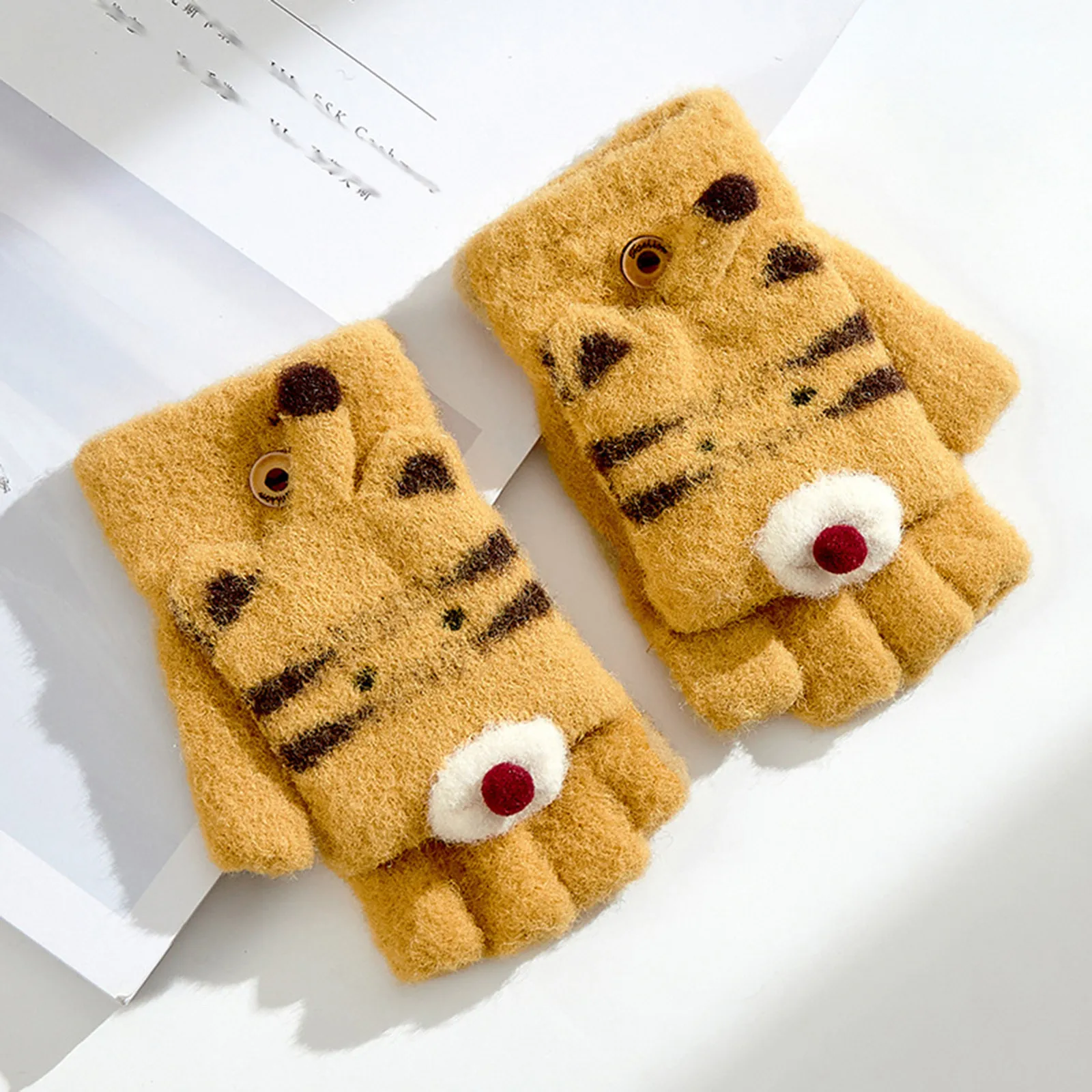 

Kid Wool Toddler Children Warm Gloves Winter Baby Half Finger Clamshell Little Tiger Boys Cute Boxing Gloves for Kids 10-15