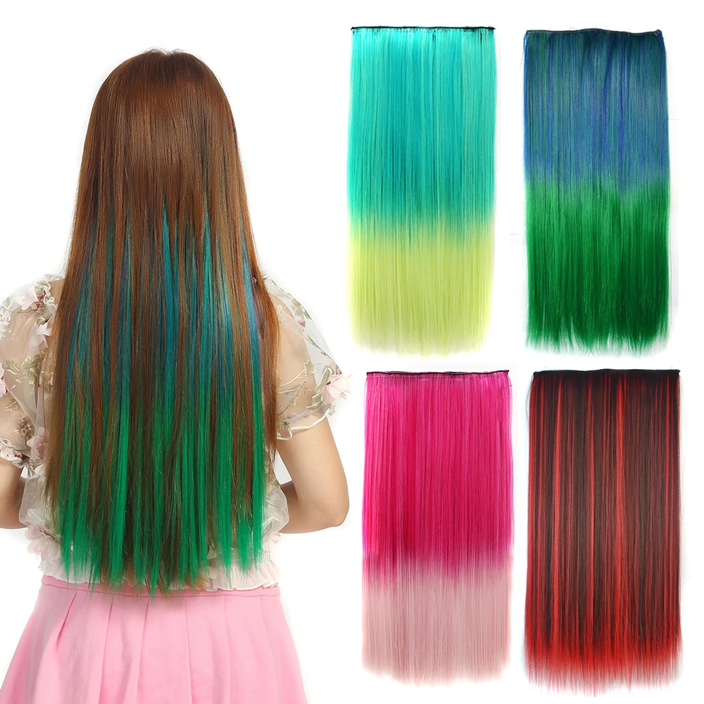 

Clip in One Piece Hair Extension Long Straight Synthetic Black Blue Gray Green Ombre Color Hairpieces