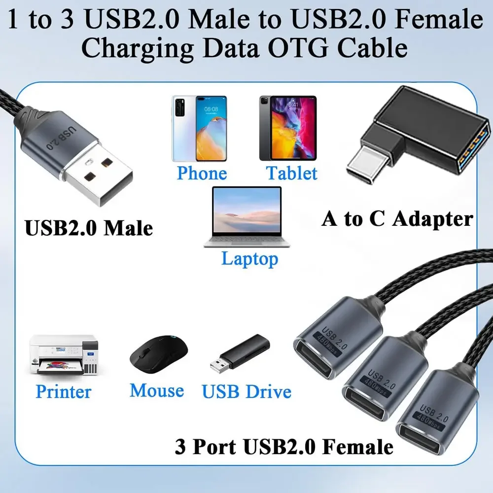 3 في 1 OTG كابل الفاصل USB نوع C إلى 3 منافذ USB أنثى شحن سريع نقل البيانات محور USB2.0 تمديد محول كابل