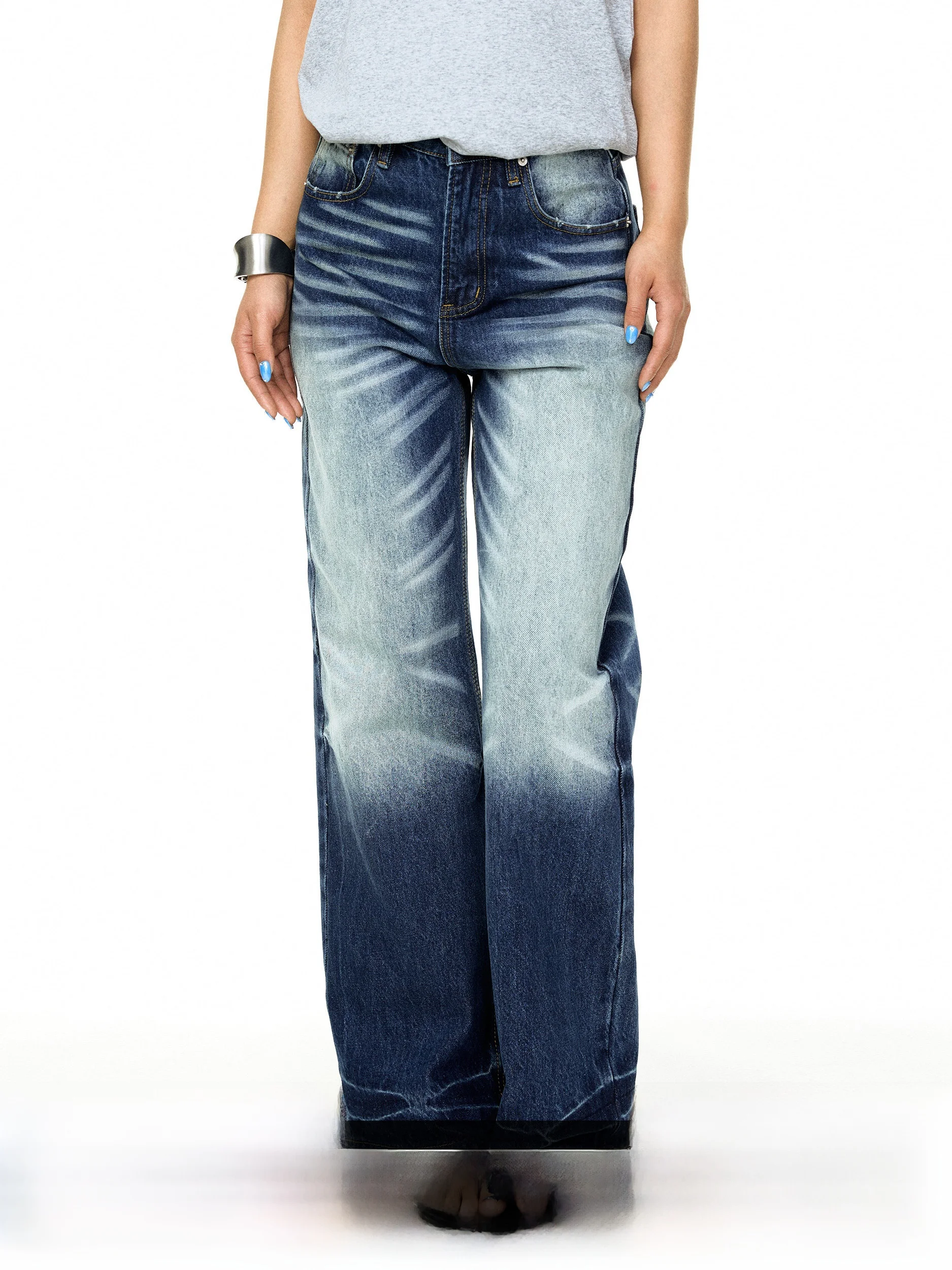 

Blackbb Vintage Washed Flare Denim Jeans Women Summer Loose Straight Leg Wide Leg Pants Classic American Style