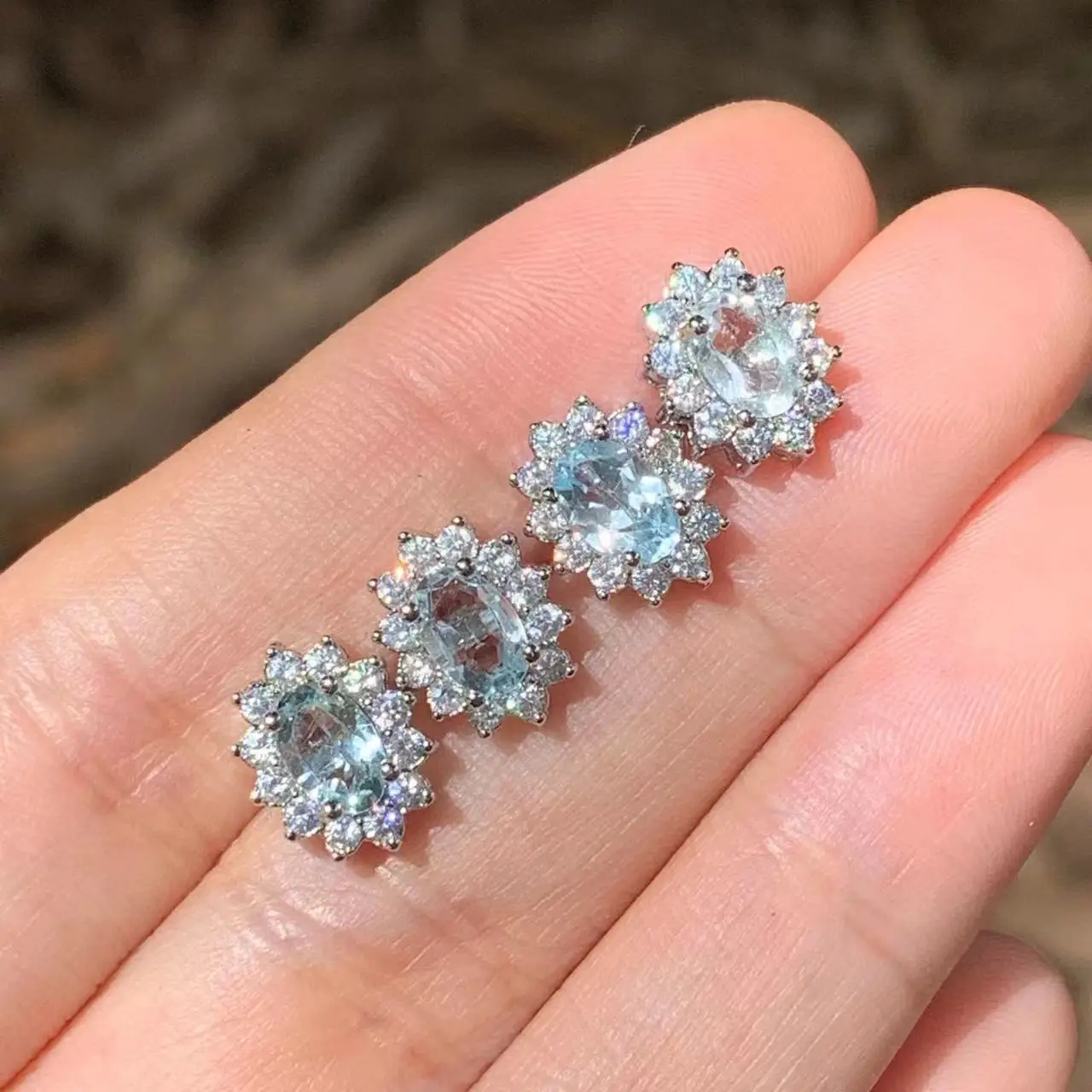 Genuine Natural Blue Topaz 925 Sterling Silver Stud Earrings for women Jewelry Gift 1.4ct Ocean Blue Topaz Oval Pave CZ