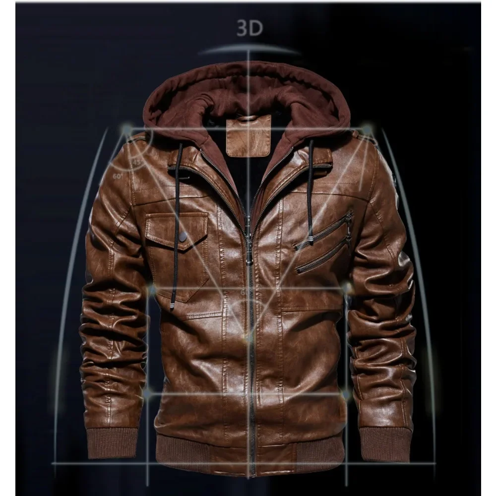 New Style Spring Antumn Men Brown Leather Motorcycle Jacket with Removable Hooded Male PU Jacket Coat EU Size High Quality