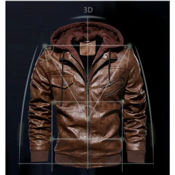 New Style Spring Antumn Men Brown Leather Motorcycle Jacket with Removable Hooded Male PU Jacket Coat EU Size High Quality 2