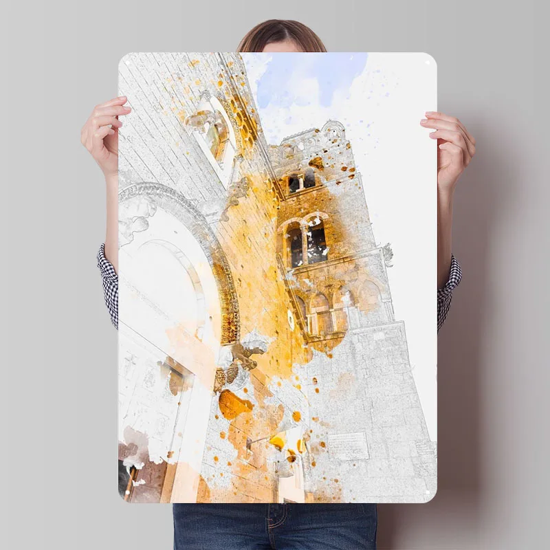 Torre da igreja antiga aquarela flandres sinais cartaz histórico decoração estética sala de estar retro café bar acessórios decoração