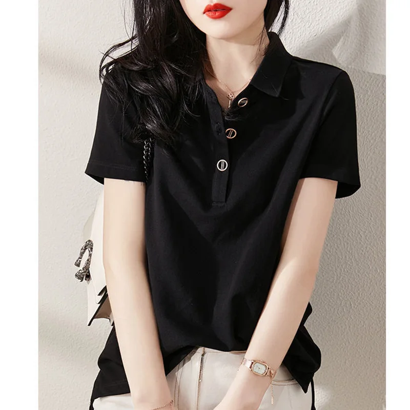 Fashion Lapel Button Solid Color All-match Tee Shirt Female Clothing 2024 Summer New Casual Top Tee Commute T-Shirt