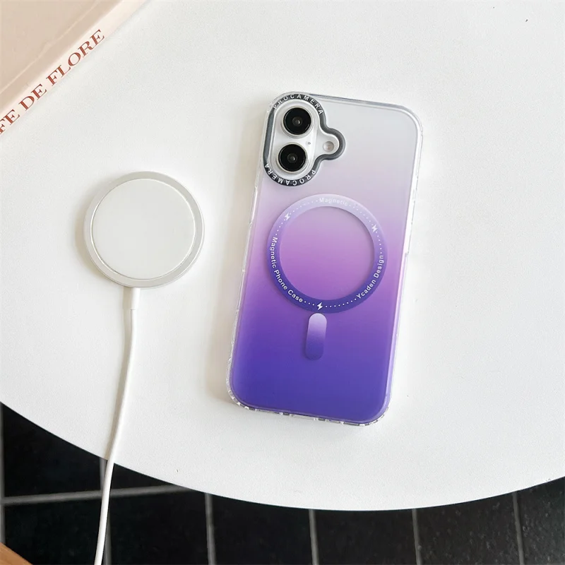 Funda de Teléfono Magnética Antigolpes de Color Degradado Escarchado Usada en iPhone 16 Pro Max, Estilo Clásico de Moda Simple para Chicas