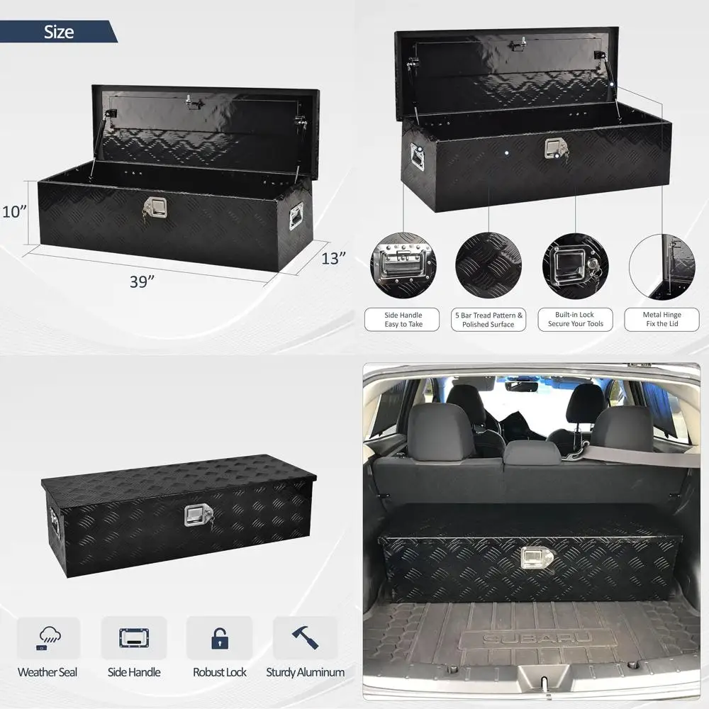 

39 Black Truck Bed Tool Box with Side Handle, Lock & 2 Keys for Storage on Trucks, Trailers, and RVs