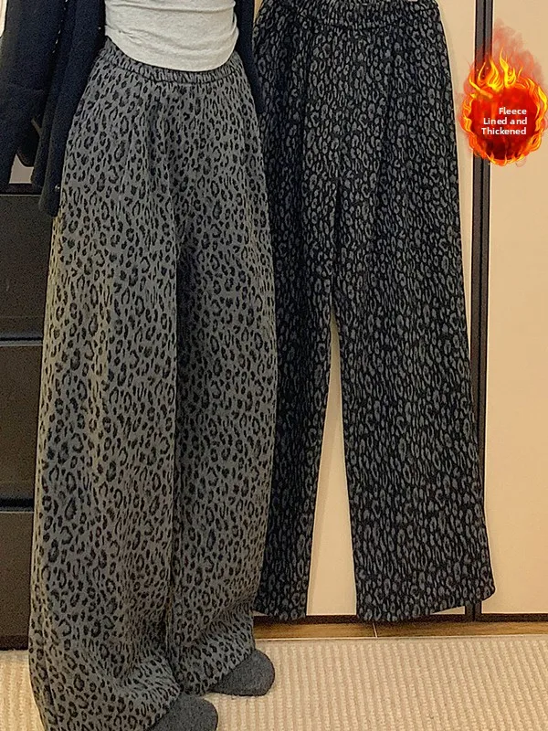 

Artistic Fce Lined Wide Leg Pants Loose Fit Casual Straight Cut Long Trousers for plus Size Women Comfortable Elastic Waist