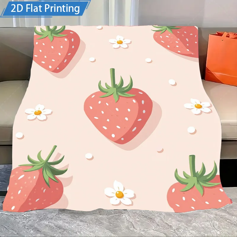 1pc Flannel Blanket Cute Strawberry Print Blanket Soft Cozy Throw for Bed Couch Living Room Decor 2D Flat Printing