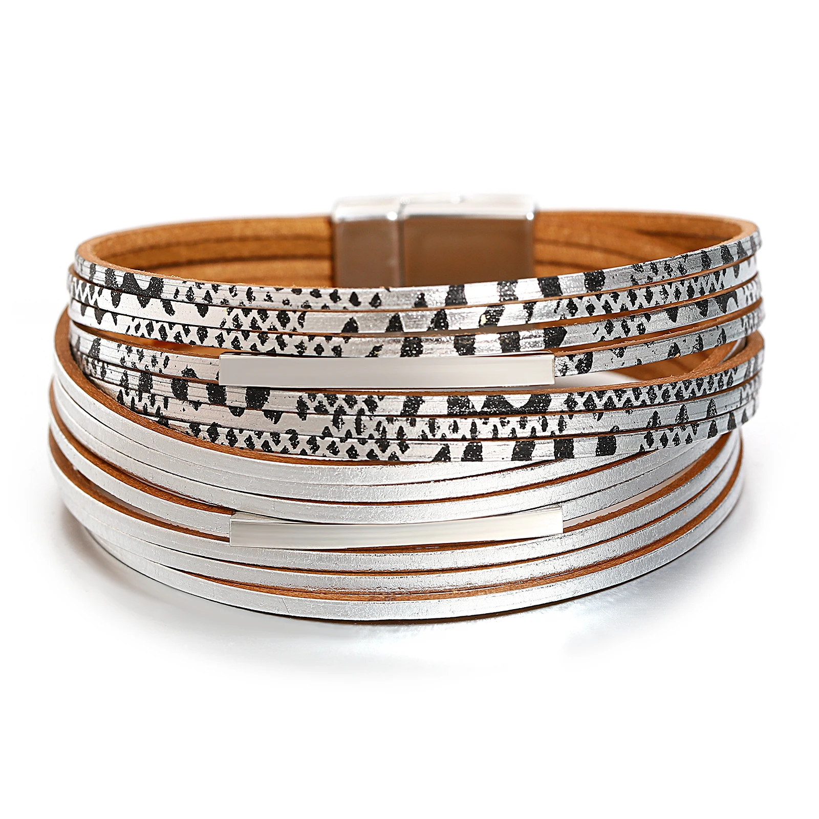 ALLYES Ethnic Printed Leather Bracelet for Women Retro Boho Metal Tube Multilayer Wrap Wide Bracelets & Bangles Tribe Jewelry