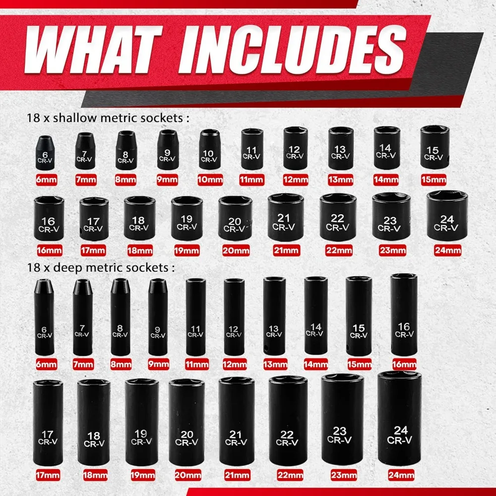 

Набор головок 3/8 дюйма, 64 шт., набор ударных головок с приводом, SAE/метрические, глубокие и неглубокие, сталь Cr-V, 6-точечный с адаптерами, трещотка 72T