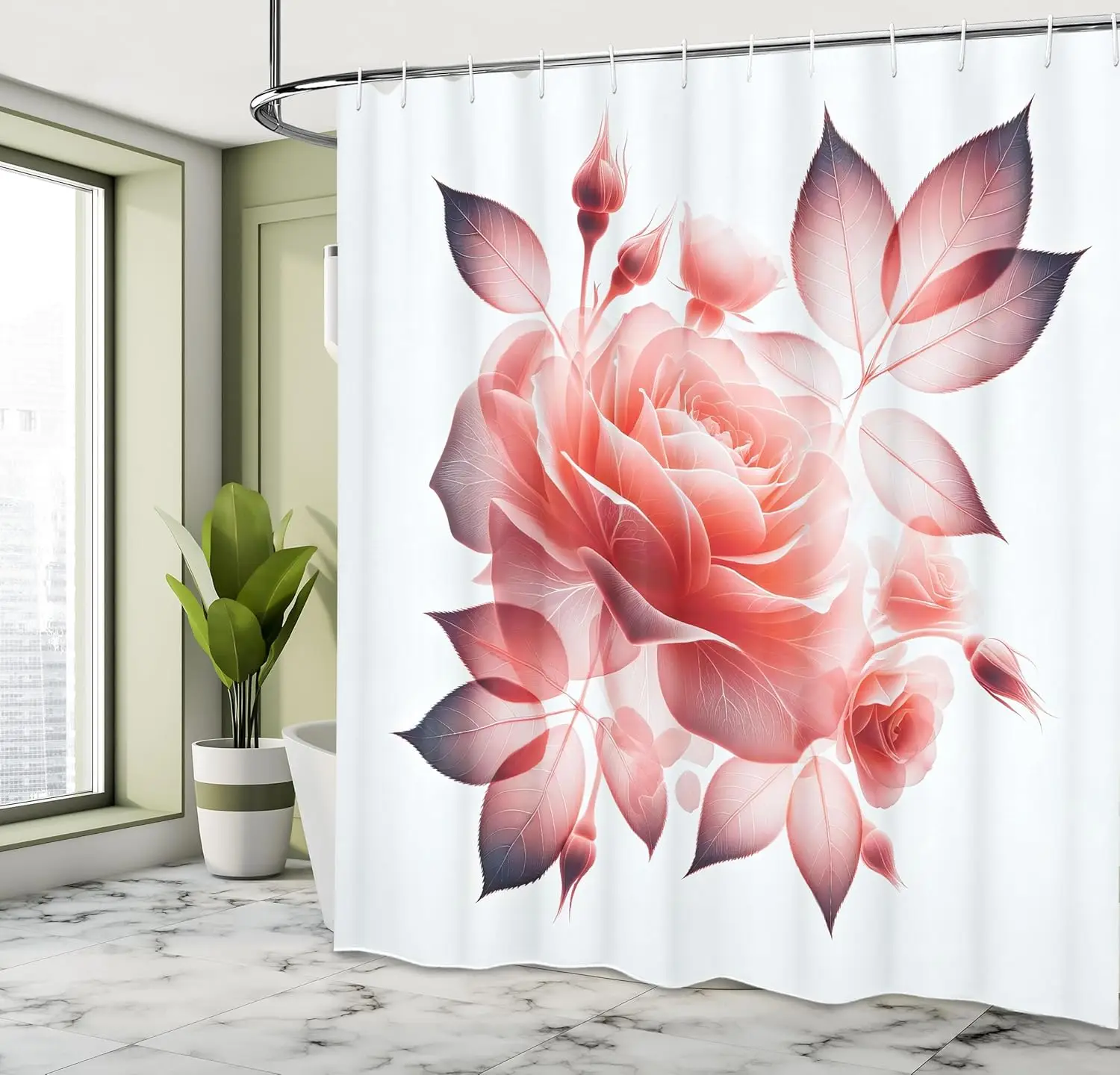 Coral Shower Curtain, Abstract Modern Romantic Monochromatic Lone Bloomed Rose Illustration, Cloth Fabric Bathroom Decor Set