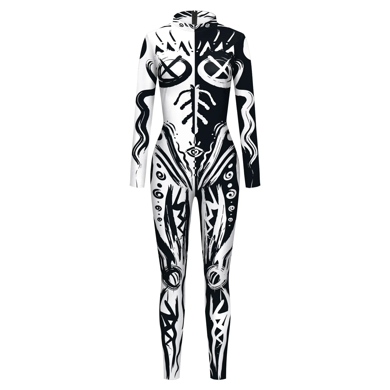 Halloween Men's Sexy Graffiti Black And White Tribal Wizard Eyes Jumpsuit Carnival Party Cosplay Zentai Suits