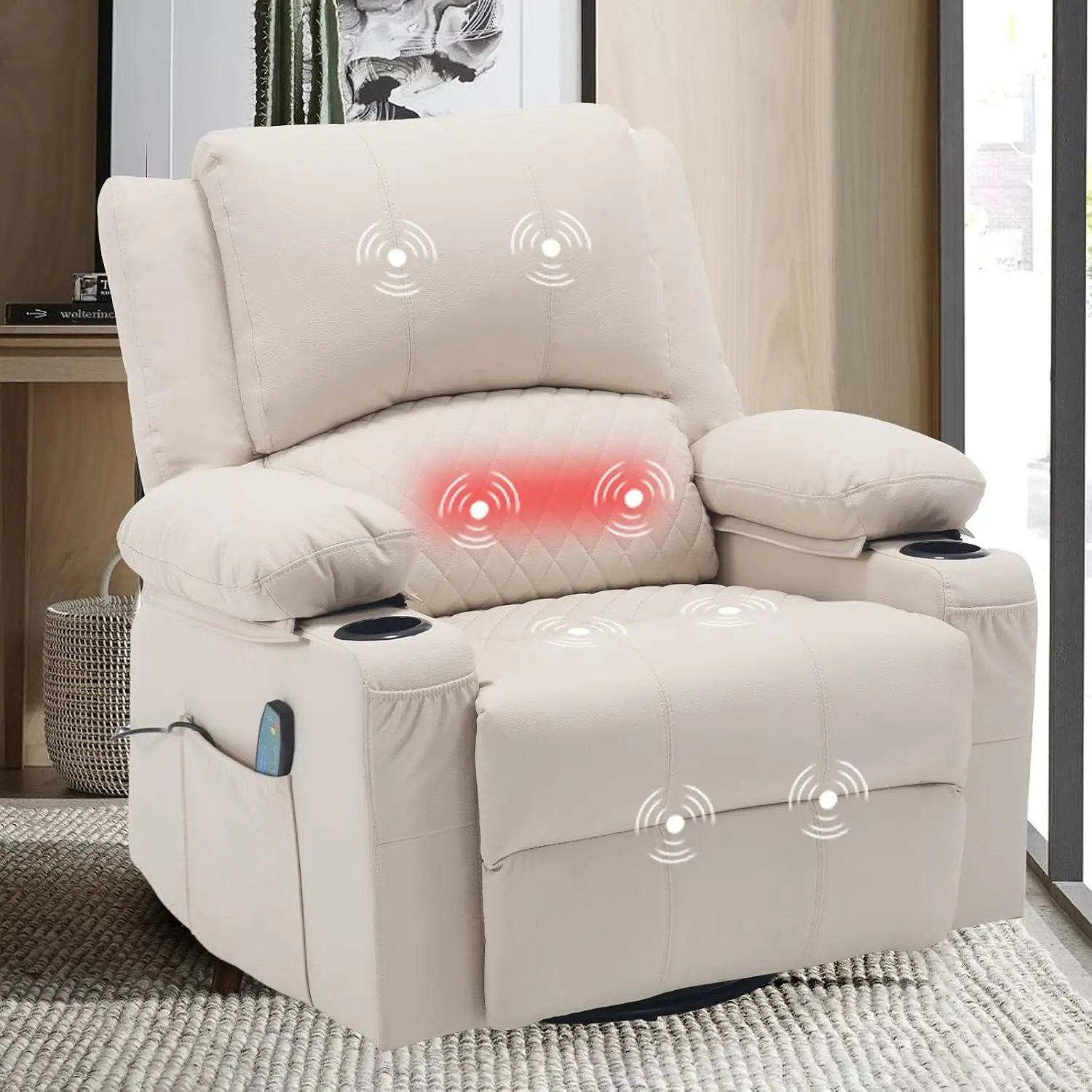 Wide Seat, Overstuffed, Cup Holders, Faux Leather, Living Room Lounge Chair, Customized