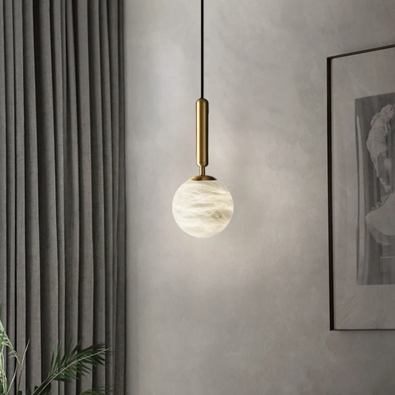 Modern Creative Simple Bedroom Bedside Staircase Brass Pendant Light Nordic Designer Bar Coffee Marble Ball Small Chandelier